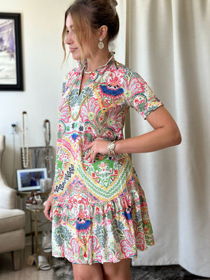 David Cline Ruffle V Neck 1 Tier Dress