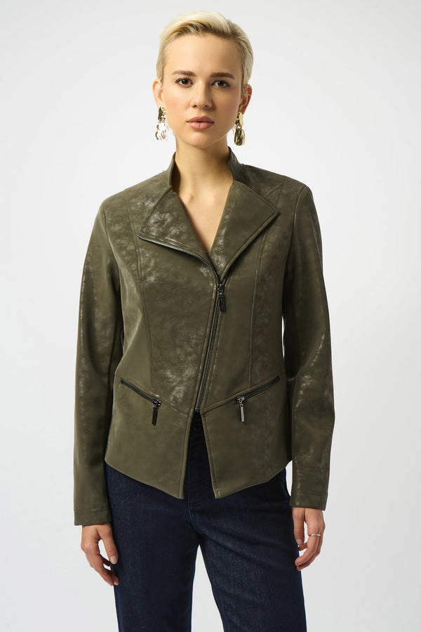 Woman wearing a green jacket on a white background