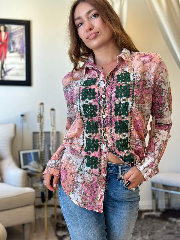 Nu Vintage Button Down Embroidery Blouse