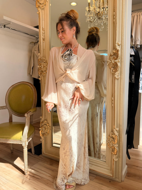 Michelle Jonas Silk Chiffon Blouse | V-Neck, Elastic Sleeves | Cream