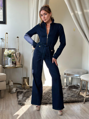 Joseph Ribkoff "Charlie's Angels" Stretch Denim Zip Front Wide Leg Jumpsuit