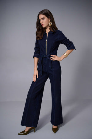 Joseph Ribkoff "Charlie's Angels" Stretch Denim Zip Front Wide Leg Jumpsuit