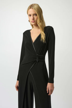 Joseph Ribkoff Silky Knit & Leatherette Wide Leg Jumpsuit