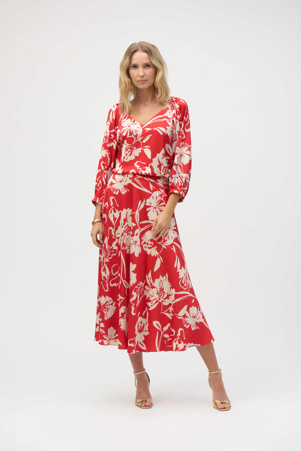 Joseph Ribkoff Satin Floral Print A-Line Skirt