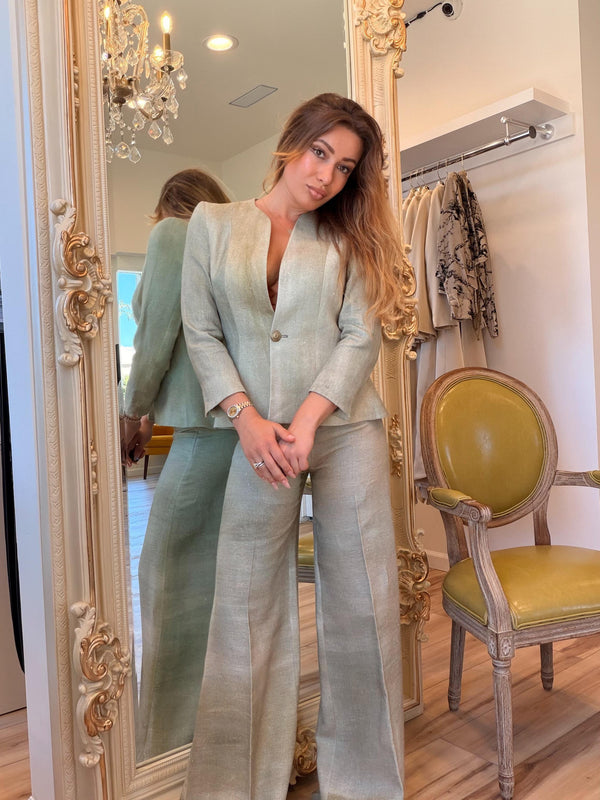 T.ba Maxi Linen Wide-Leg Pants – High-Waisted in Lead Green & Green
