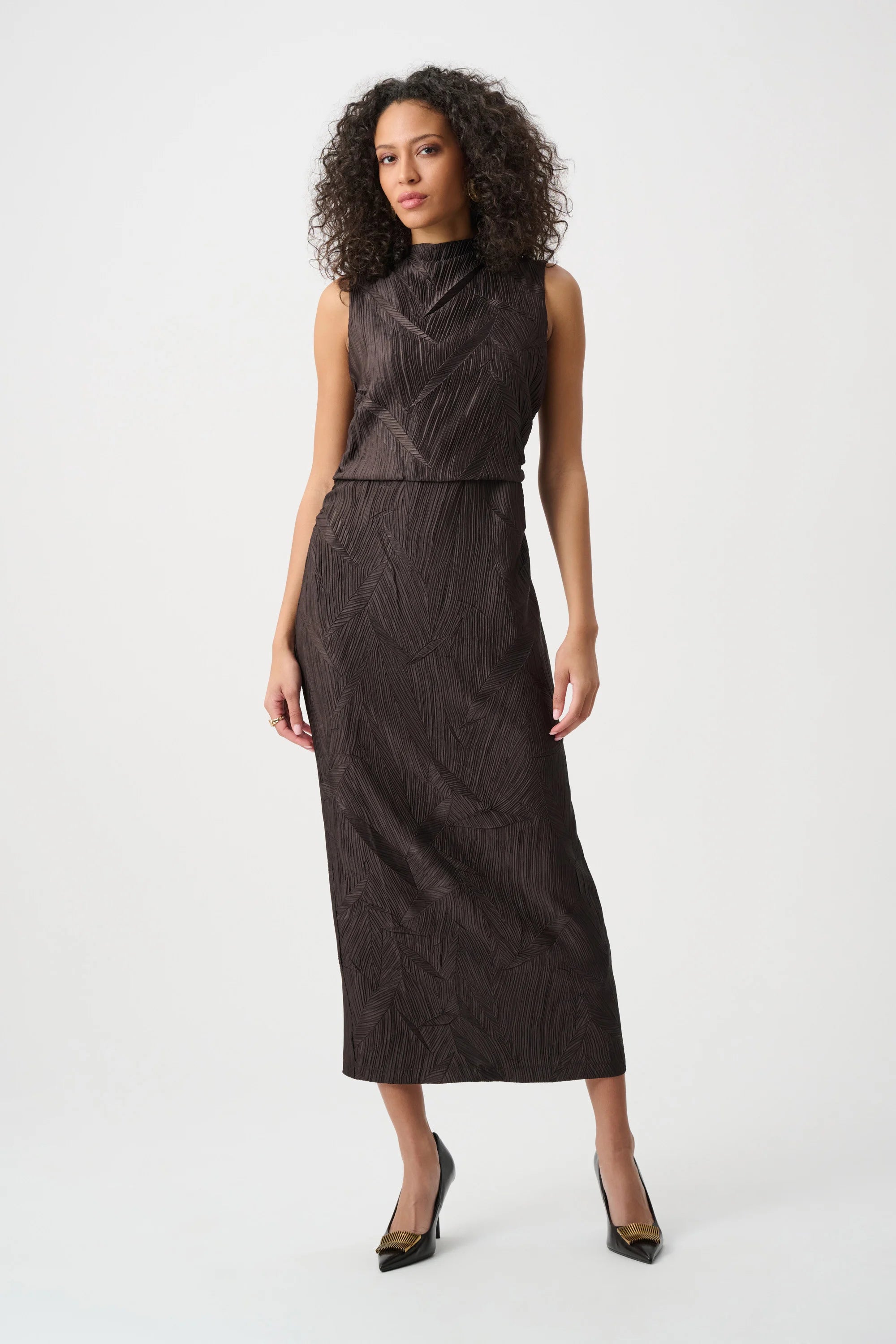 Joseph Ribkoff Pleated Satin Sleeveless Midi Dress | Mocha | Made in Canada