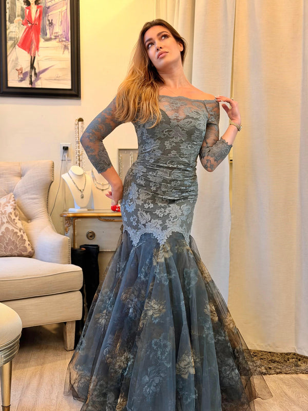 Olvis Lace Gown 2 Color 3/4 Sleeves V Neck W/Tulle At Bottom