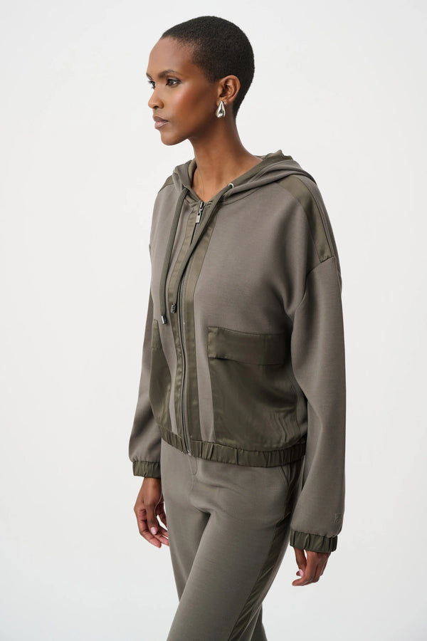 Joseph Ribkoff Scuba Jersey And Satin Hooded Boxy Jacket