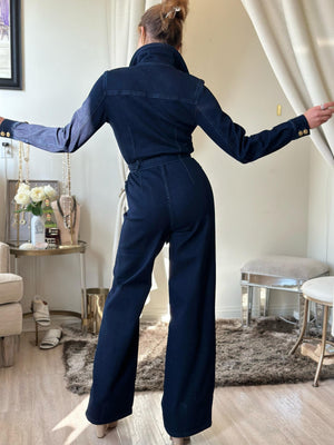 Joseph Ribkoff "Charlie's Angels" Stretch Denim Zip Front Wide Leg Jumpsuit