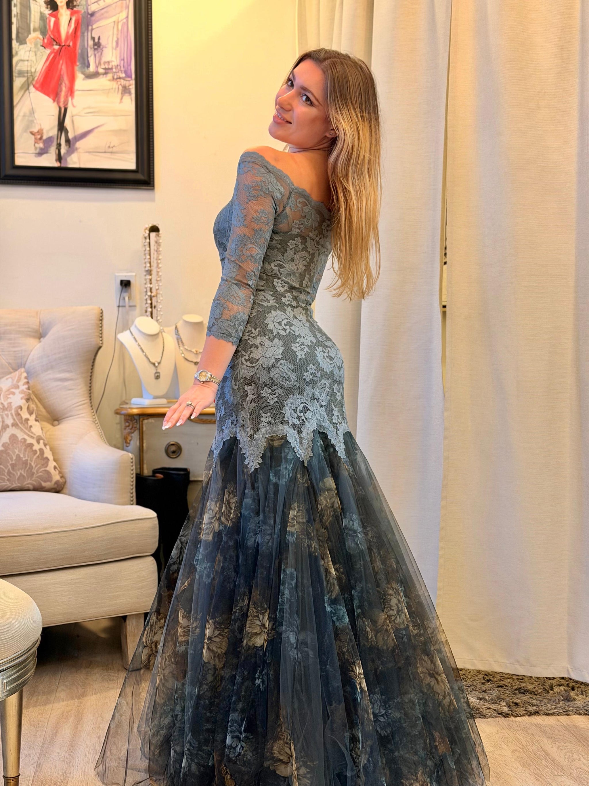 Olvi's Two-Tone French Lace Gown V-Neck, Swarovski, Tulle | PapillonStyles Olvi's Two-Tone French Lace Gown V-Neck, Swarovski, Tulle | PapillonStyles