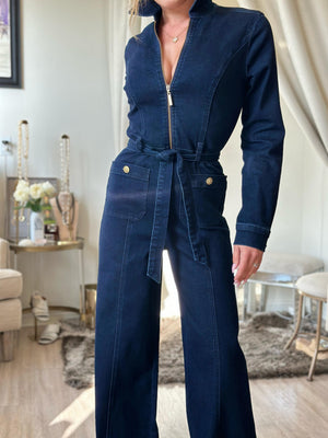Joseph Ribkoff "Charlie's Angels" Stretch Denim Zip Front Wide Leg Jumpsuit