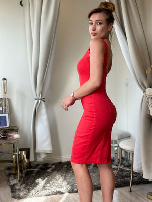 Vestido elástico de mezcla de lino y punto de corte slim sin mangas de algodón Haris