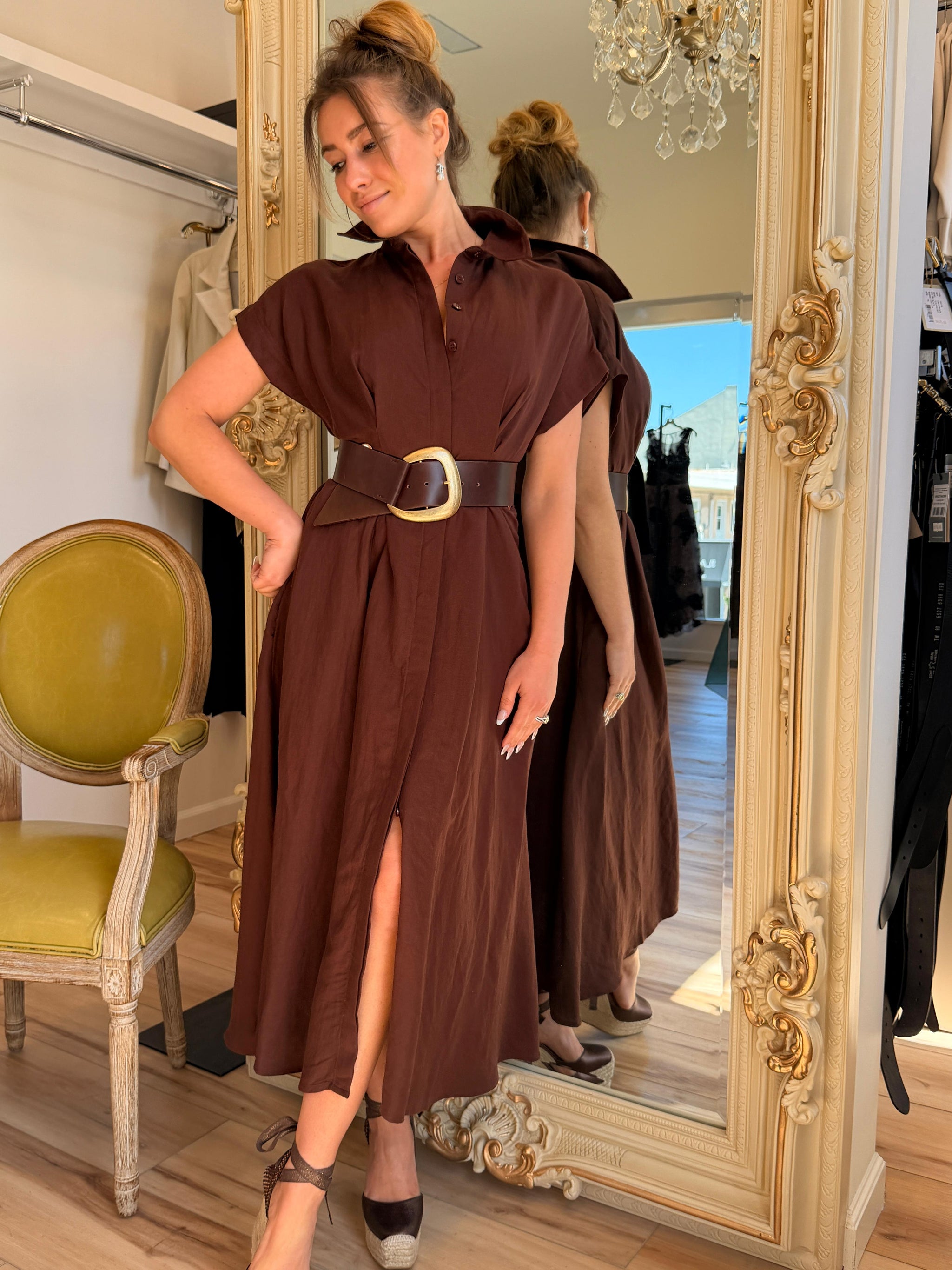 Joseph Ribkoff Linen Blend Fit And Flare Shirt Dress With Sash 262907 | Mahogany / L Joseph Ribkoff Linen Blend Fit And Flare Shirt Dress With Sash 262907 | Mahogany / L