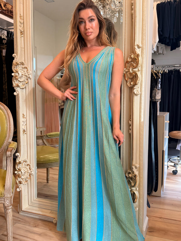 Aggel Knitwear Lurex Multicolored V-Neck Maxi Dress