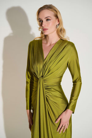 Joseph Ribkoff Signature Satin Effect Knit Draped V Neck Sheath Dress