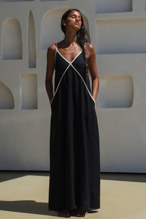 Lilly Pilly Azalea Linen Maxi Dress | 100% European Flax, Contrast Bind | Black & Oatmeal Oatmeal / M / 100% European Flax