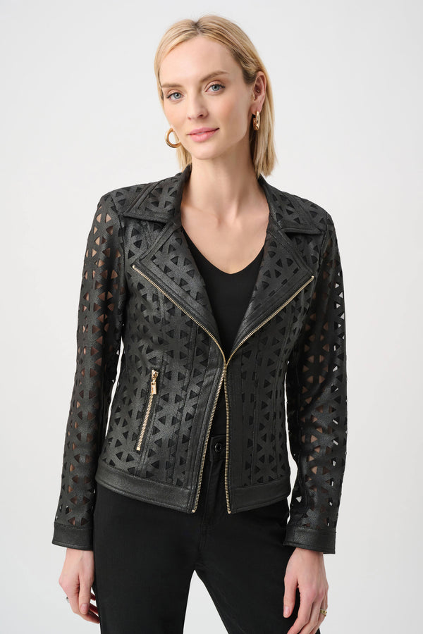 Joseph Ribkoff Foiled Faux Suede And Mesh Moto Jacket