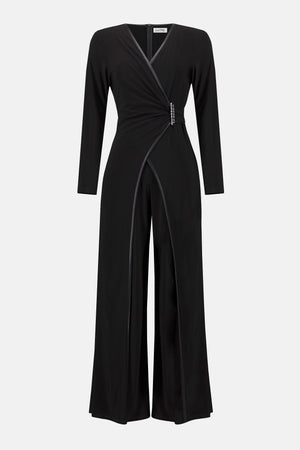 Joseph Ribkoff Silky Knit & Leatherette Wide Leg Jumpsuit