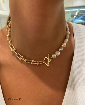 Charlene K Pearl Gemstone with U-Lock Chain Half And Half Gold Necklace