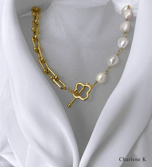 Charlene K Pearl Gemstone with U-Lock Chain Half And Half Gold Necklace