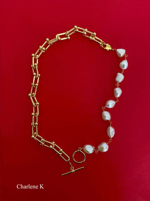 Charlene K Pearl Gemstone with U-Lock Chain Half And Half Gold Necklace