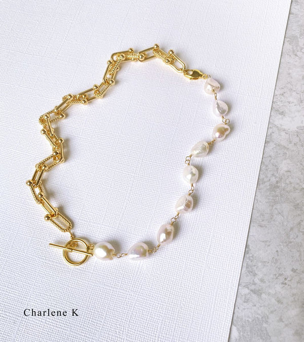 Charlene K Pearl Gemstone with U-Lock Chain Half And Half Gold Necklace