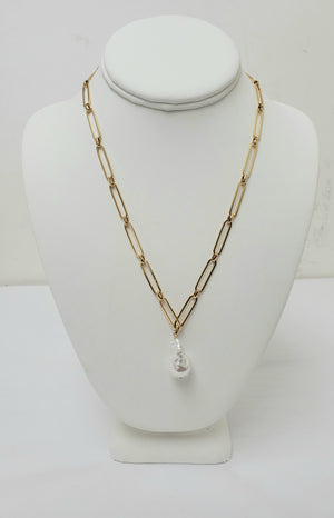 Ramina Pearls Golf Filled Long Paper Clip Chain With White Pearl Necklace