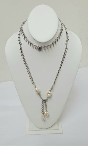 Ramina Pearls Silver Long Chain With White Baroque Pearls Necklace