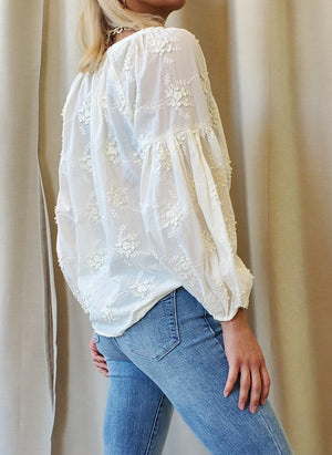 Driftwood Long Sleeve Front V Neck Embroidery Blouse