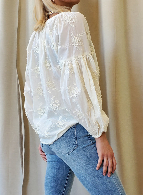 Driftwood Long Sleeve Front V Neck Embroidery Blouse - PapillonStyles