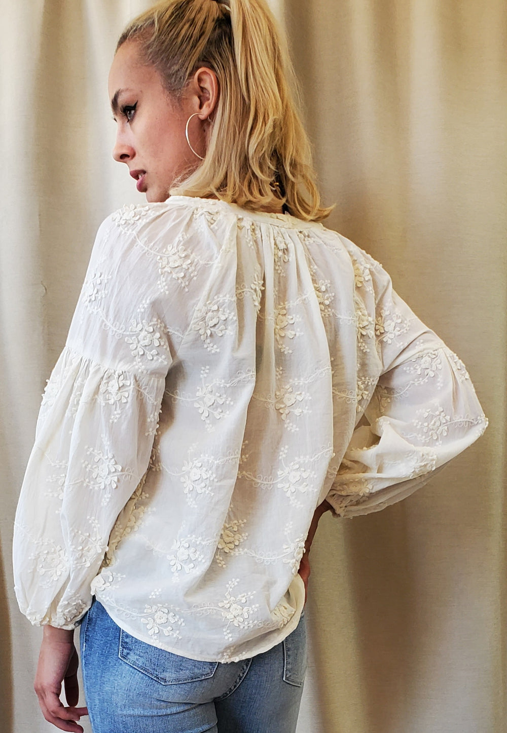 Driftwood Long Sleeve Front V Neck Embroidery Blouse - PapillonStyles