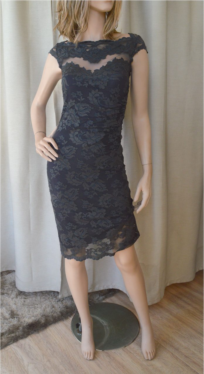 Olvis Lace Cap Sleeve Dress with Sheer Tulle Detail on Chest Area Olvis Lace Cap Sleeve Dress with Sheer Tulle Detail on Chest Area