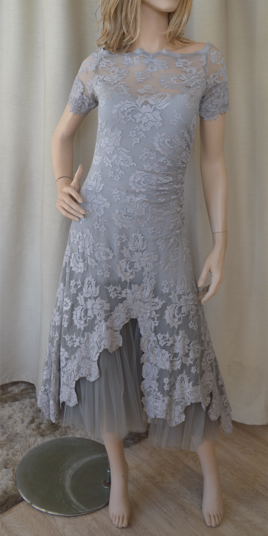 Olvis Lace Short Sleeves Off Shoulder Tea Length Dress W/Tulle At Bott - PapillonStyles Olvis Lace Short Sleeves Off Shoulder Tea Length Dress W/Tulle At Bott - PapillonStyles