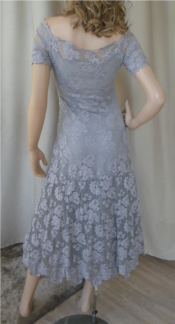 Olvis Lace Short Sleeves Off Shoulder Tea Length Dress W/Tulle At Bott - PapillonStyles Olvis Lace Short Sleeves Off Shoulder Tea Length Dress W/Tulle At Bott - PapillonStyles
