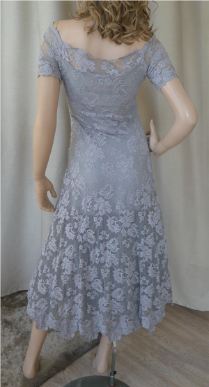 Olvis Lace Short Sleeves Off Shoulder Tea Length Dress W/Tulle At Bottom