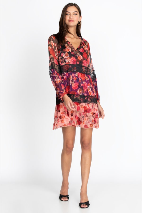 Johnny Was Natasha Colorful And Flowy Long Sleeves Front V Neck Dress