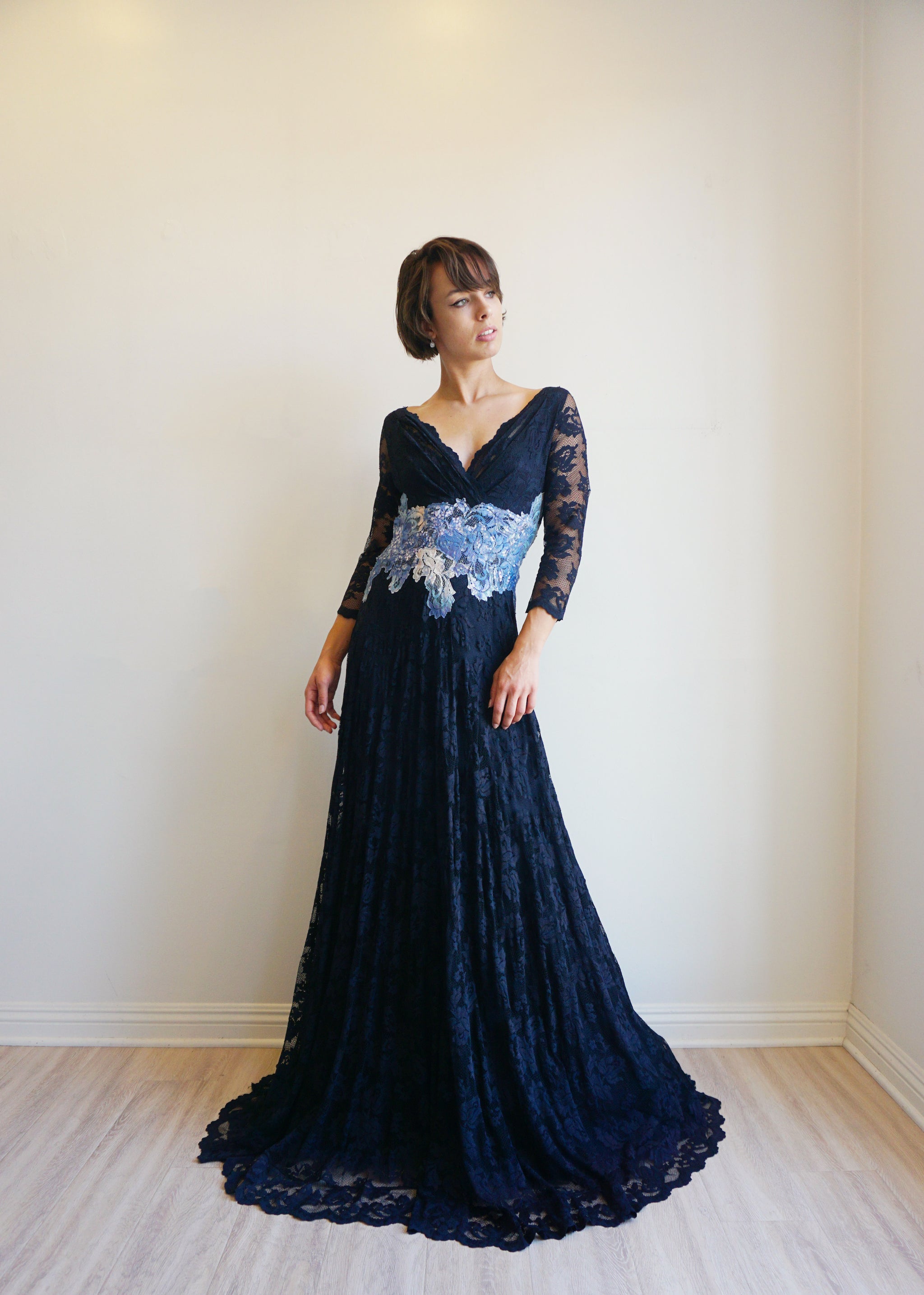 Olvis Lace Gown 2 Color 3/4 Sleeves V Neck W/Tulle At Bottom Olvis Lace Gown 2 Color 3/4 Sleeves V Neck W/Tulle At Bottom