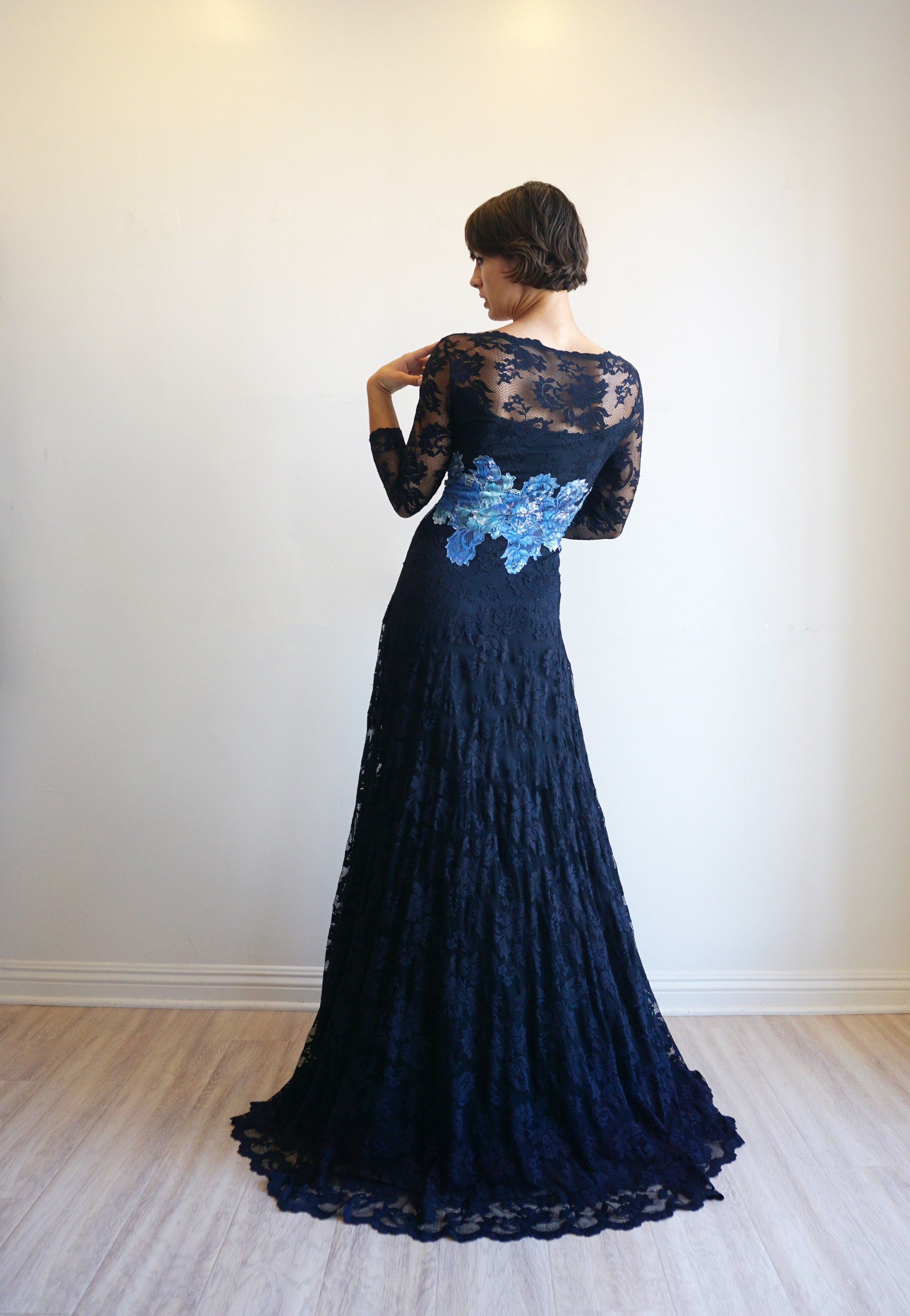 Olvis Lace Gown 2 Color 3/4 Sleeves V Neck W/Tulle At Bottom Olvis Lace Gown 2 Color 3/4 Sleeves V Neck W/Tulle At Bottom